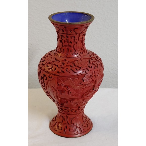 Other - Vintage Chinese Cinnabar Style Carved Lacquer Vase Red Blue Enamel Interior
